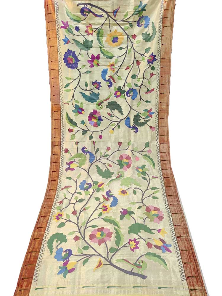 Pastel Handloom Brocade Paithani Pure Silk Muniya Border Bird And Floral Design Dupatta - Luxurion World