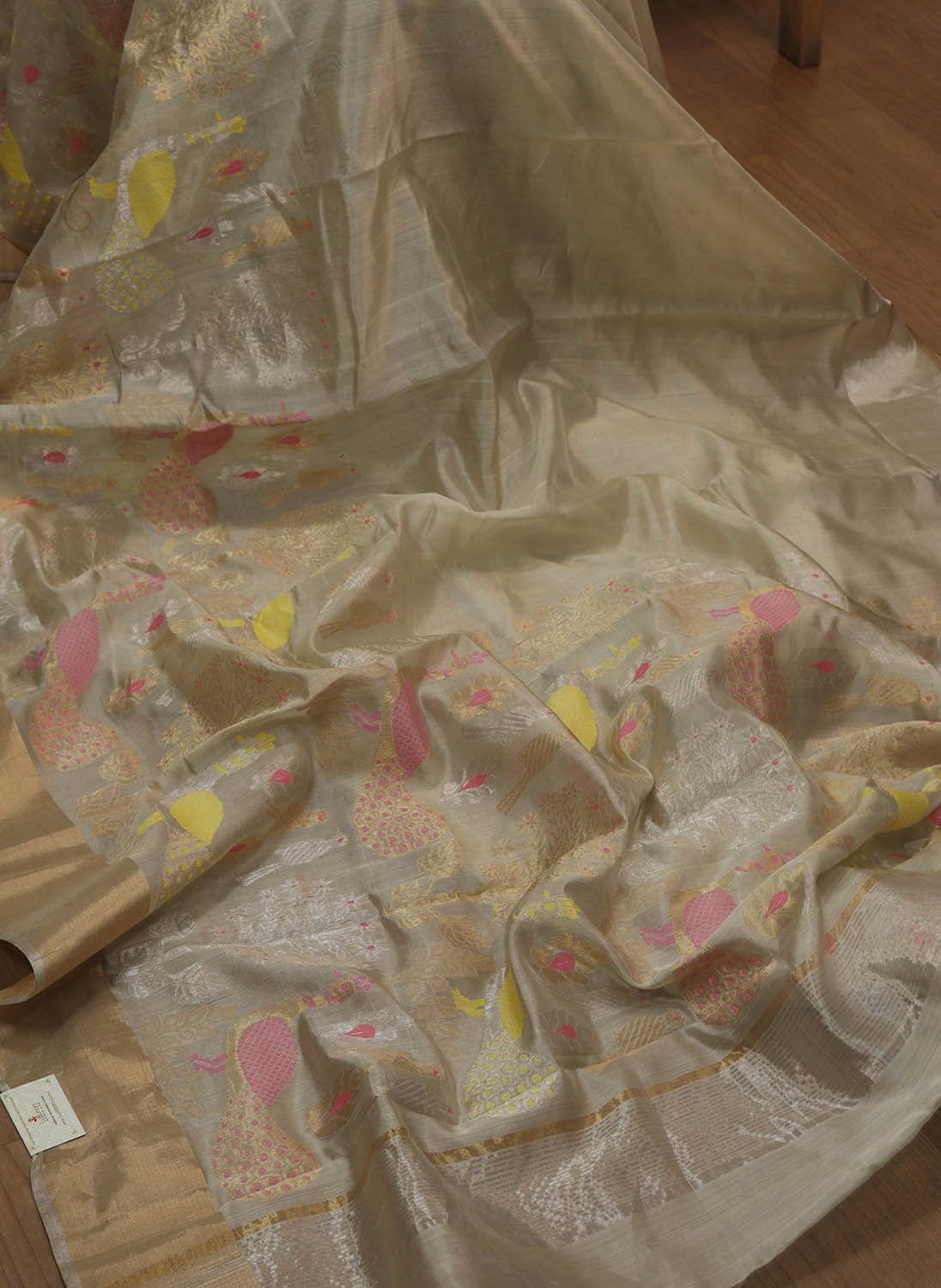 Pastel Handloom Chanderi Pure Katan Silk Meenakari Bird Design Saree - Luxurion World