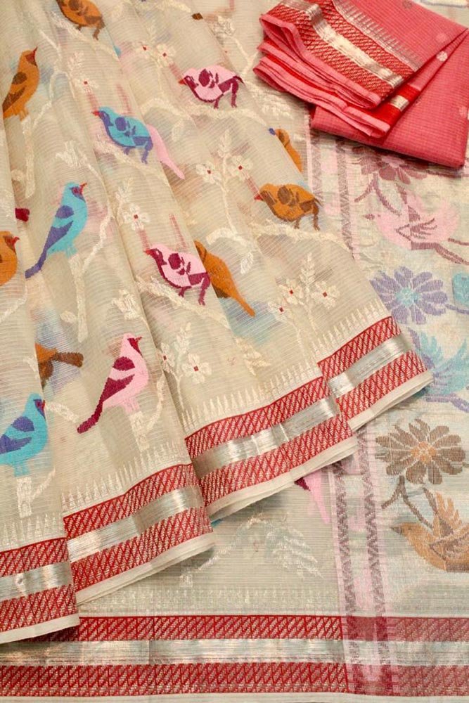 Pastel Handloom Kota Doria Real Zari Bird Design Saree - Luxurion World