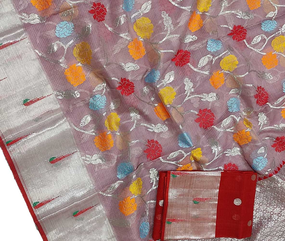 Pastel Handloom Kota Doria Real Zari Floral Deasign Saree - Luxurion World