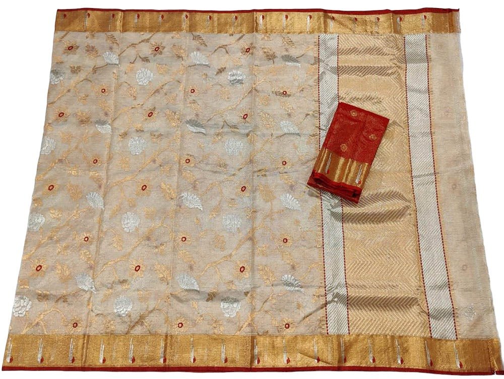 Pastel Handloom Kota Doria Real Zari Flower Design Saree - Luxurion World