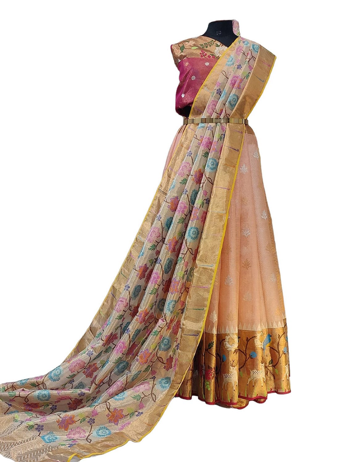 Pastel Handloom Kota Doria Tissue Silk Unstitched Lehenga Set - Luxurion World