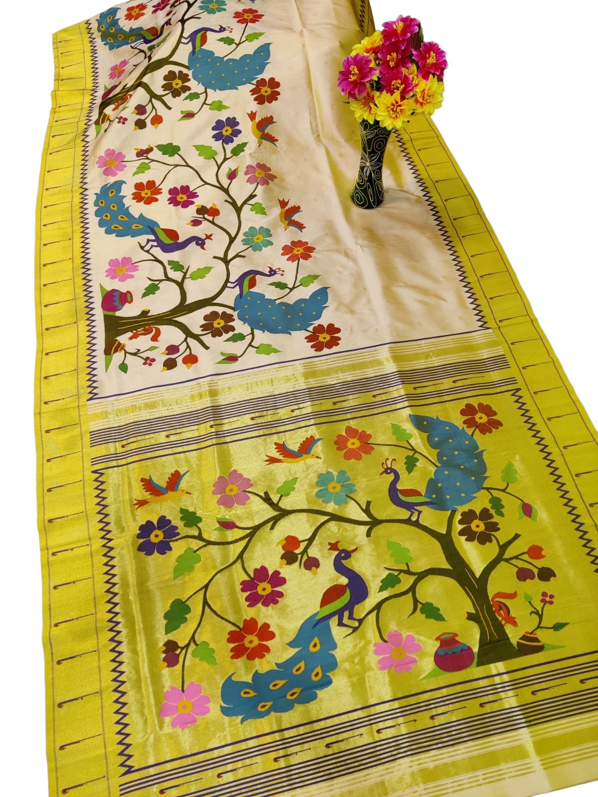 Pastel Handloom Paithani Pure Silk Bird And Floral Design Saree - Luxurion World