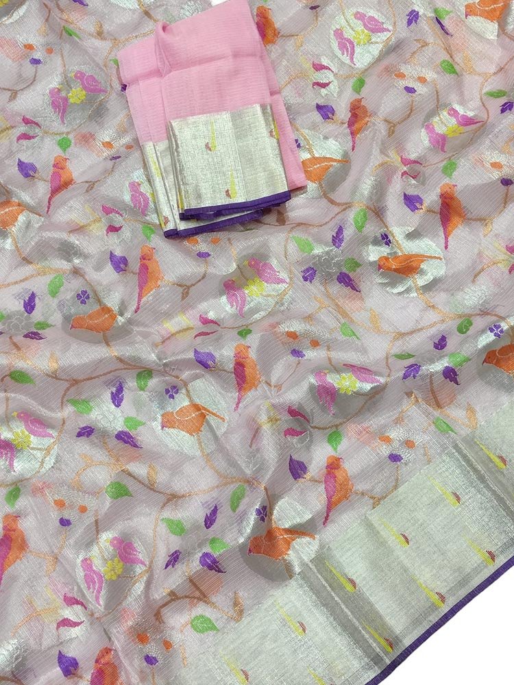 Pastel Handloom Tissue Kota Doria Real Zari Bird Design Saree - Luxurion World