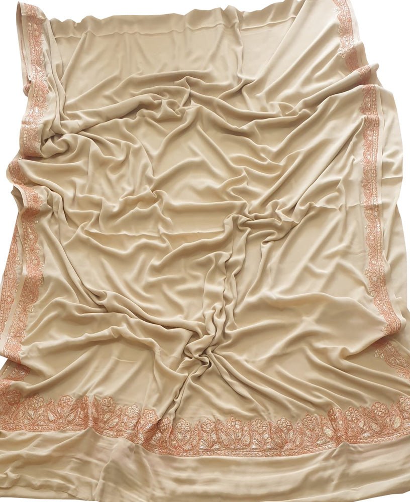 Pastel Plain Embroidered Kashmiri Tila Work Crepe Saree - Luxurion World