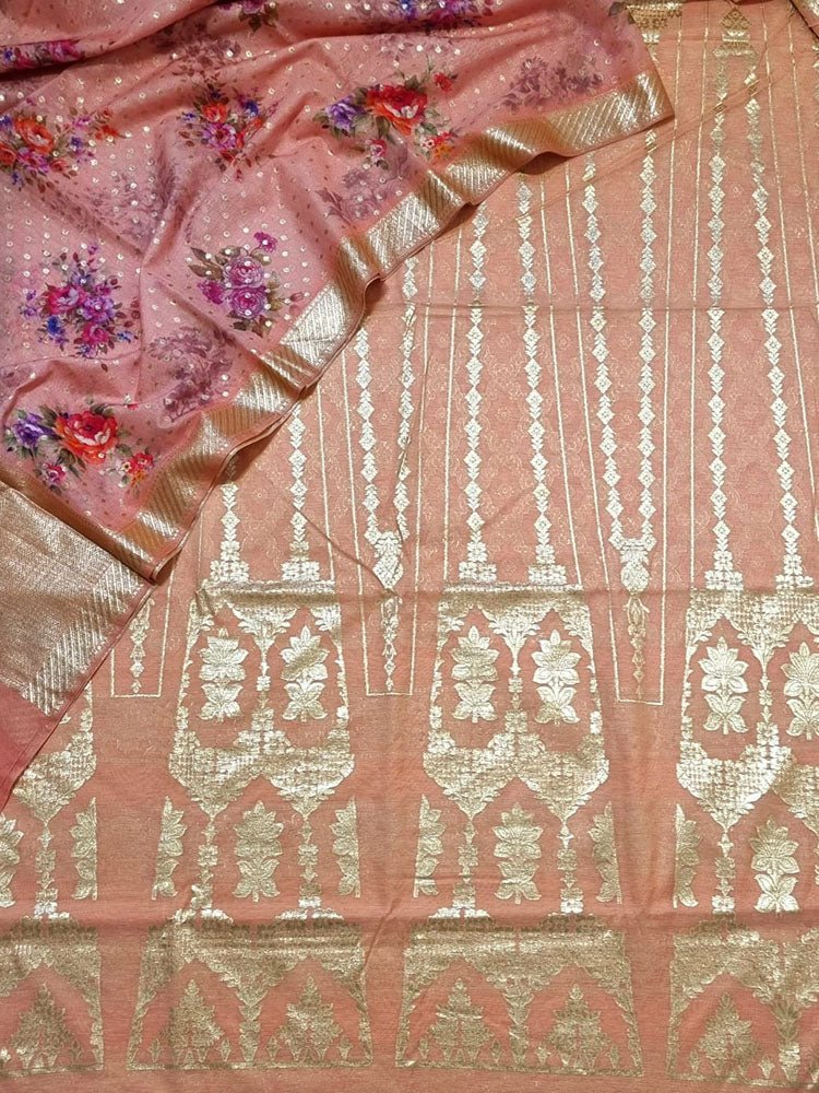 Peach Banarasi Chanderi Silk Unstitched Lehenga Set - Luxurion World