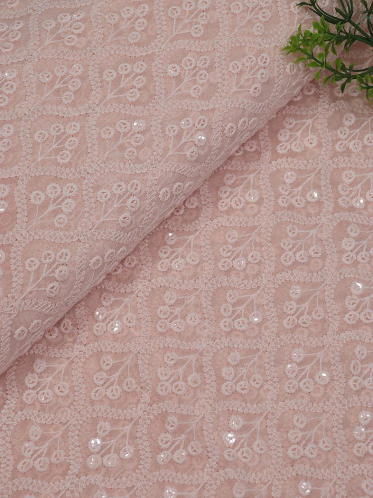 Peach Embroidered Chikankari Georgette Sequins Work Fabric ( 1 Mtr ) - Luxurion World