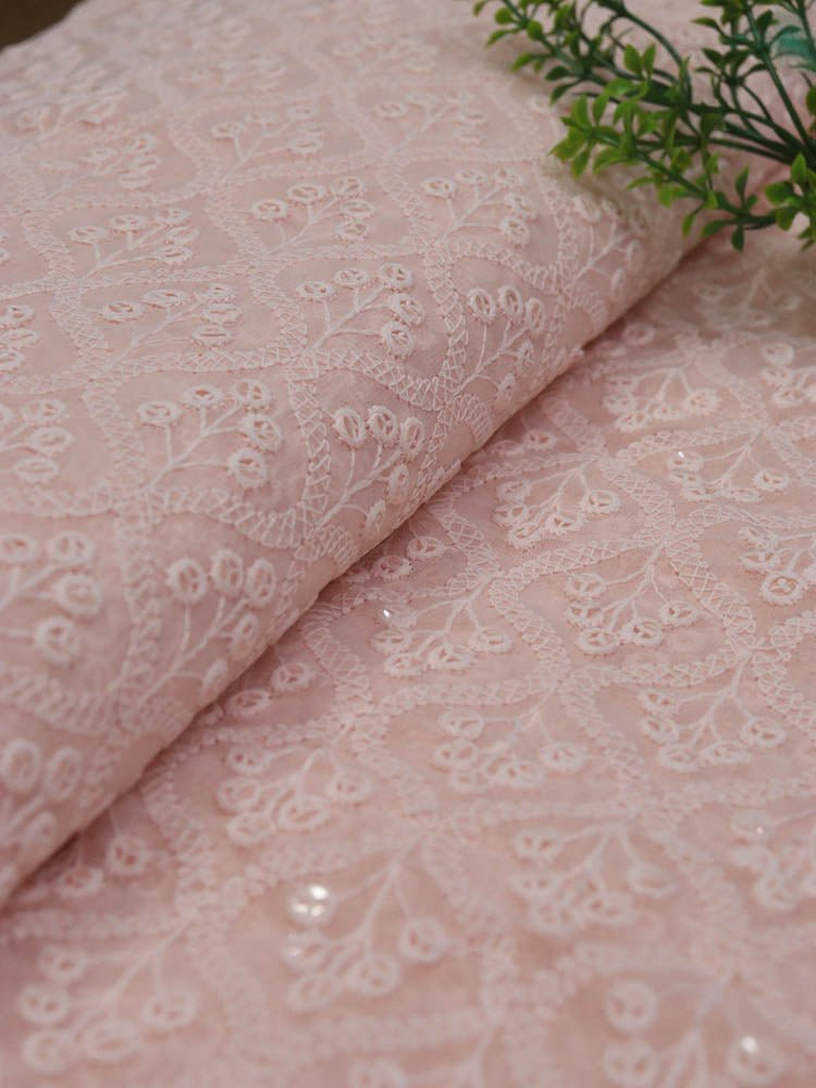 Peach Embroidered Chikankari Georgette Sequins Work Fabric ( 1 Mtr ) - Luxurion World