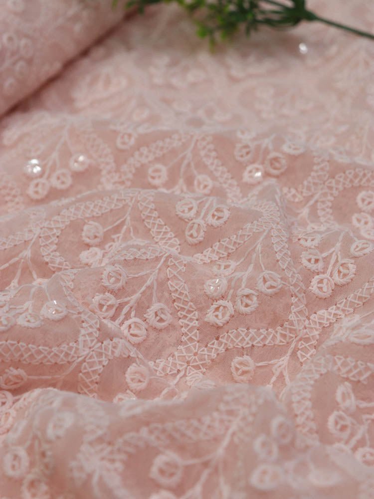 Peach Embroidered Chikankari Georgette Sequins Work Fabric ( 1 Mtr ) - Luxurion World