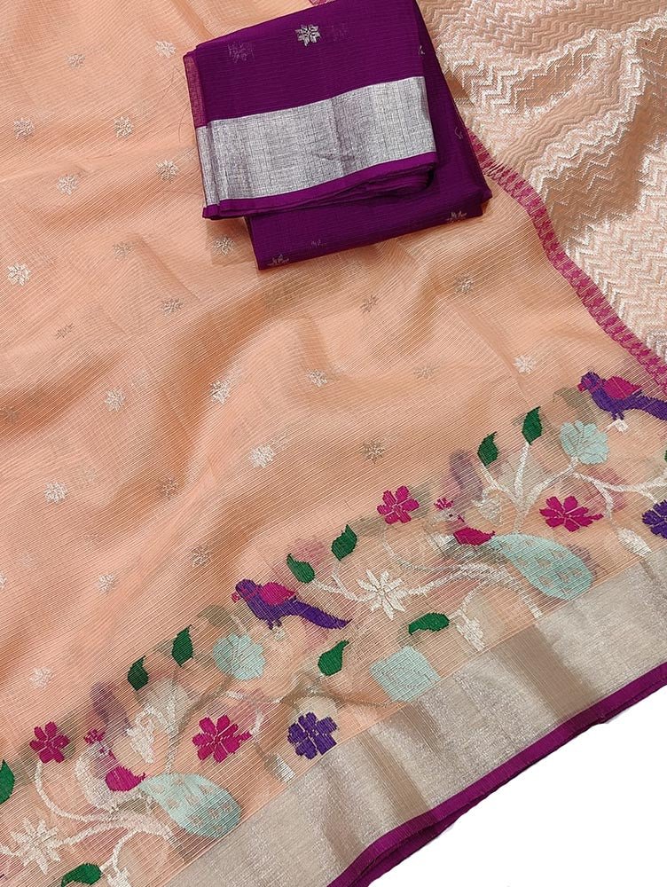 Peach Handloom Kota Doria Real Zari Saree - Luxurion World