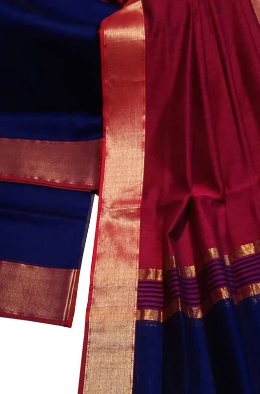 Pink And Blue Handloom Maheshwari Cotton Silk Two Piece Unstitched Suit Set - Luxurion World