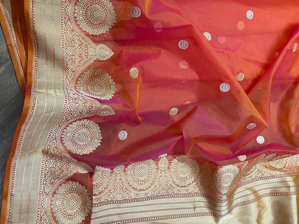 Pink And Orange Shot Handloom Banarasi Pure Kora Silk Sona Roopa Saree - Luxurion World
