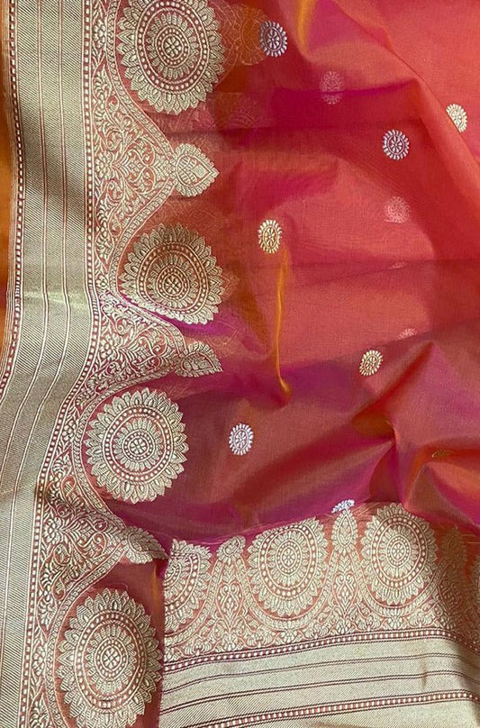 Pink And Orange Shot Handloom Banarasi Pure Kora Silk Sona Roopa Saree - Luxurion World