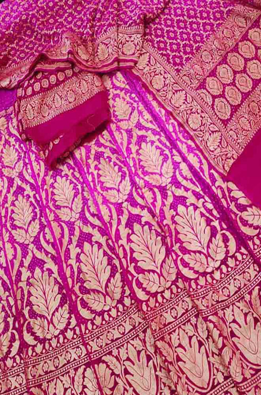 Pink And Purple Banarasi Bandhani Pure Georgette Neemzari Unstitched Lehenga Set - Luxurion World