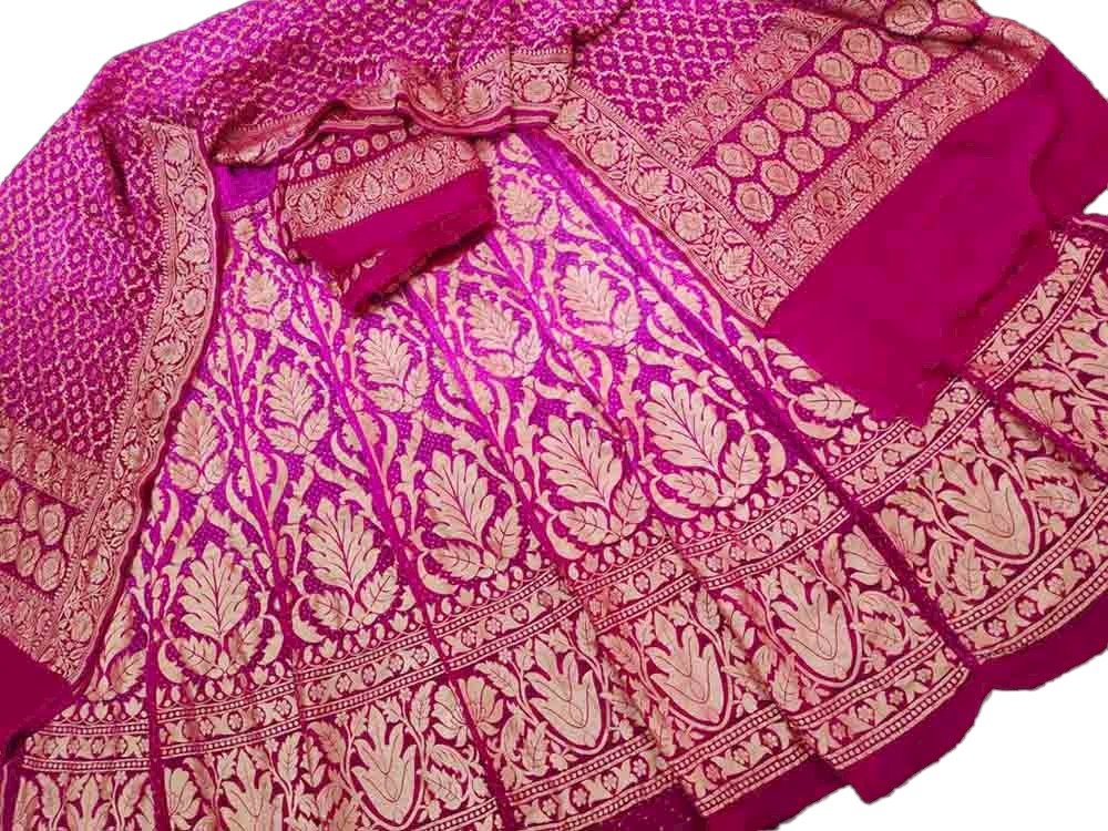 Pink And Purple Banarasi Bandhani Pure Georgette Neemzari Unstitched Lehenga Set - Luxurion World