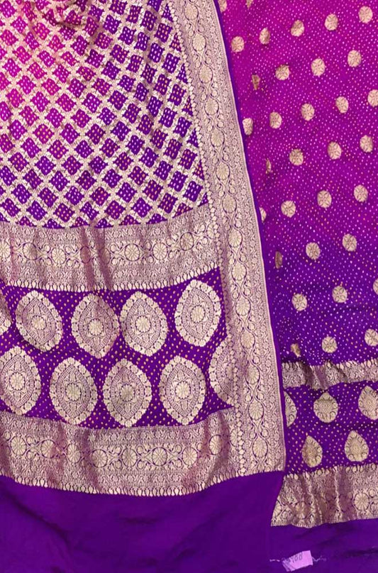 Pink And Purple Banarasi Bandhani Pure Georgette Three Piece Unstitched Suit Set - Luxurion World