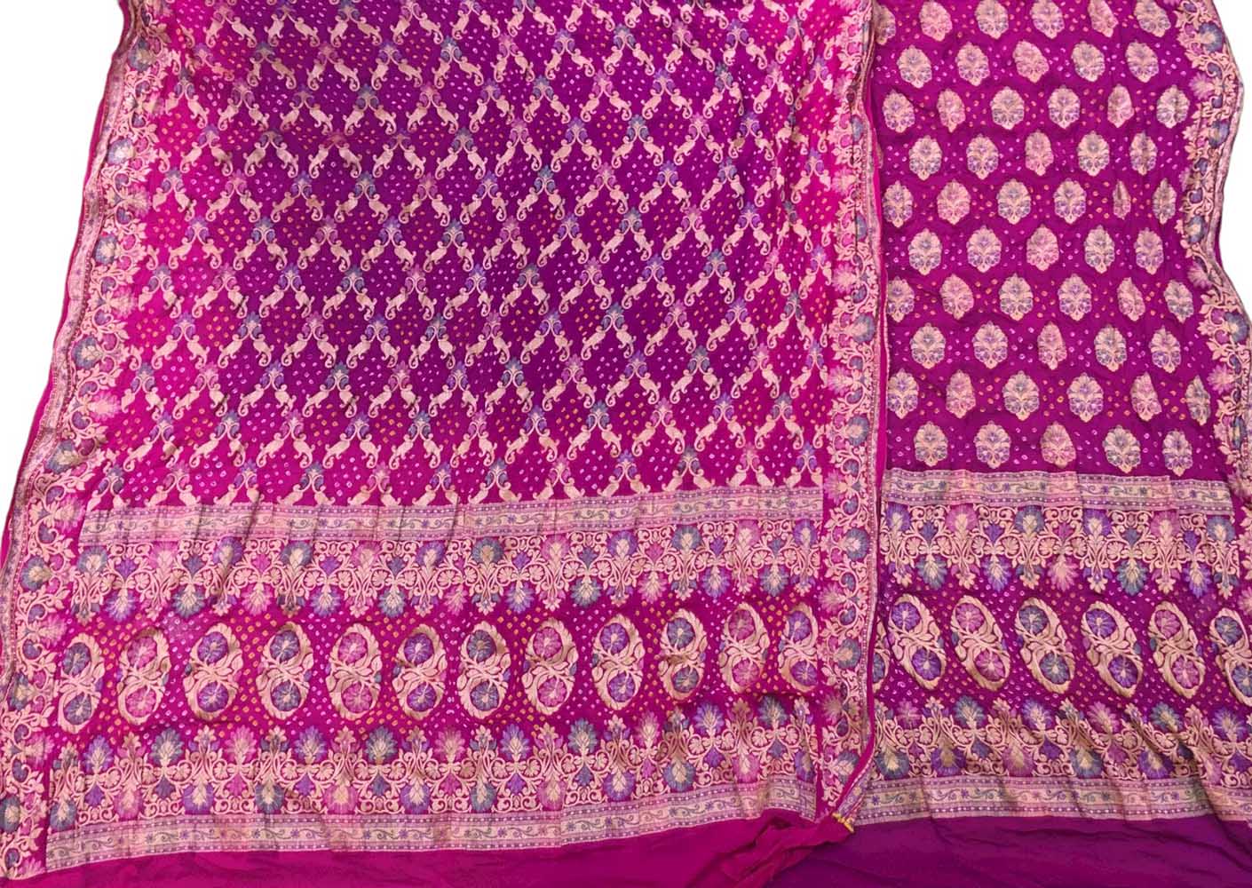 Pink And Purple Banarasi Bandhani Pure Georgette Three Piece Unstitched Suit Set - Luxurion World