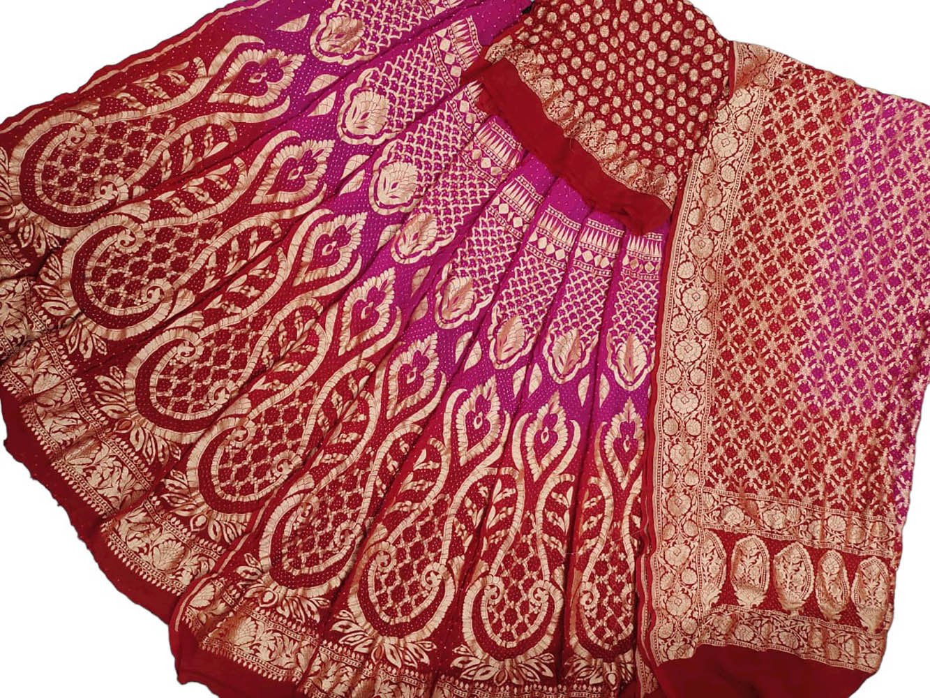 Pink And Red Banarasi Bandhani Pure Georgette Unstitched Lehenga Set - Luxurion World