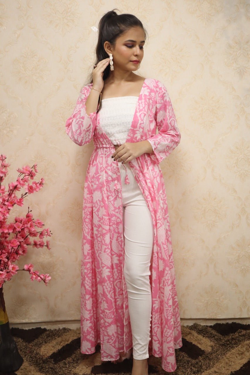 Pink And White Pure Cotton Block Printed Full Length Jacket - Luxurion World