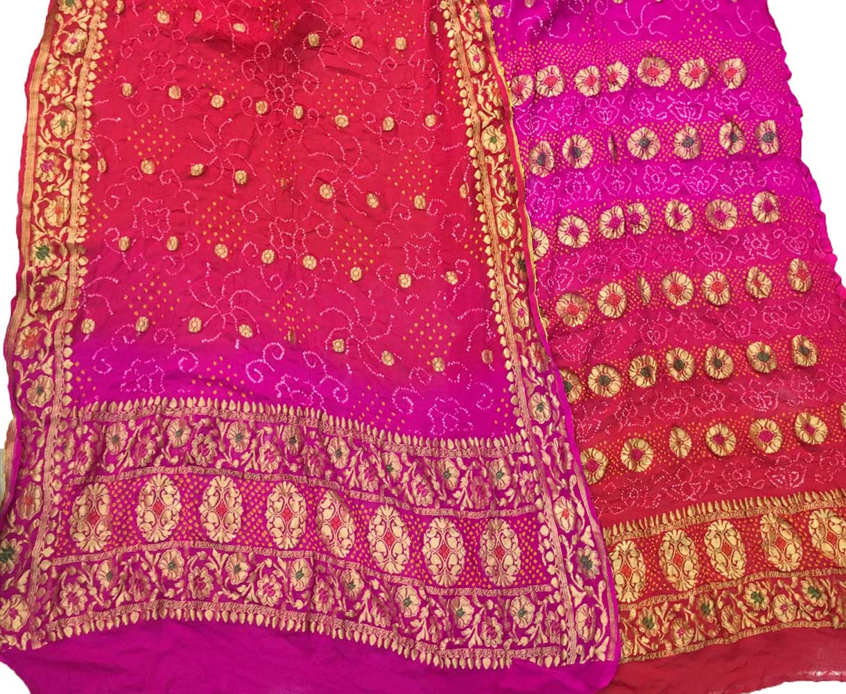 Pink Banarasi Bandhani Pure Georgette Three Piece Unstitched Suit Set - Luxurion World