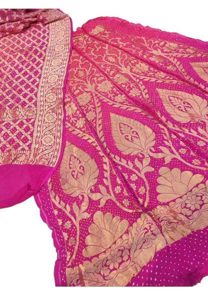 Pink Banarasi Bandhani Pure Georgette Unstitched Lehenga Set - Luxurion World