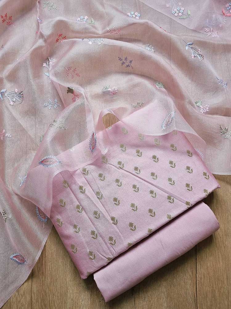 Pink Banarasi Chiniya Silk Three Piece Unstitched Suit Set - Luxurion World