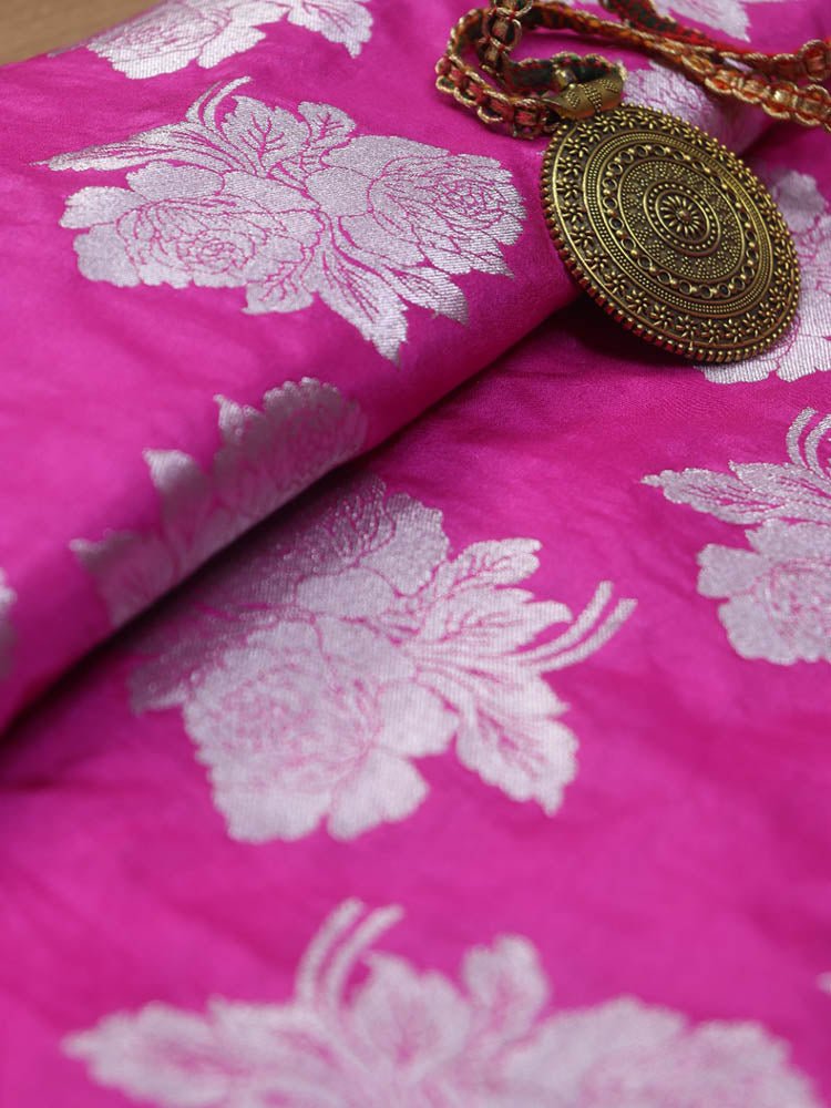 Pink Banarasi Silk Silver Zari Floral Design Fabric ( 0.5 Mtr ) - Luxurion World