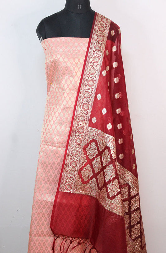 Pink Banarasi Silk Suit With Maroon Banarasi Organza Dupatta