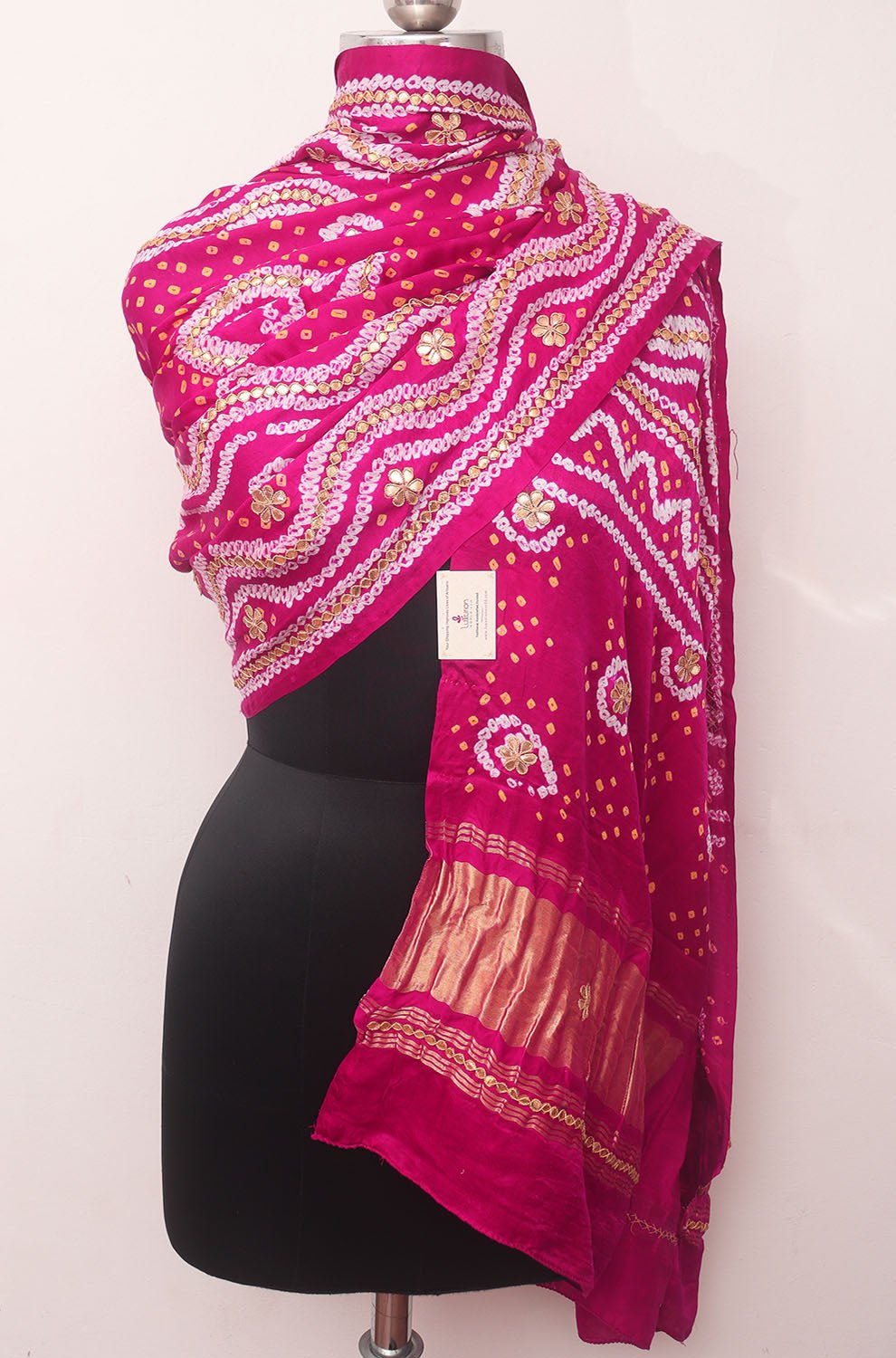 Stunning Pink Bandhani Gota Work Dupatta in Pure Gajji Silk - Luxurion World