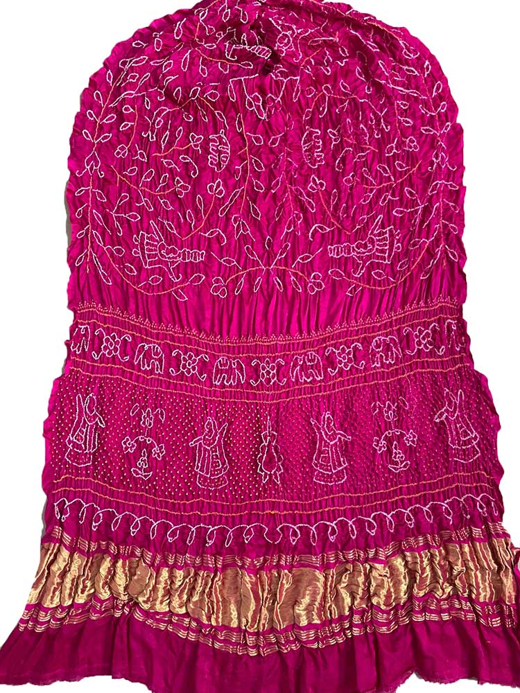 Pink Bandhani Pure Gajji Silk Rai Bhandhej Dupatta - Luxurion World