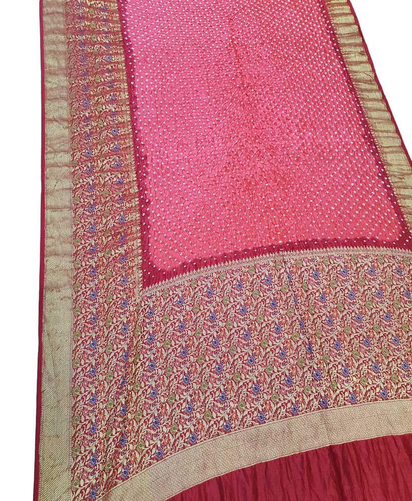 Pink Bandhani Pure Silk Kanjeevaram Border Saree - Luxurion World