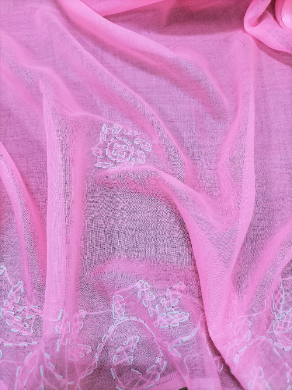 Pink Chikankari Pure Cotton Saree with Hand Painted Blouse - Luxurion World