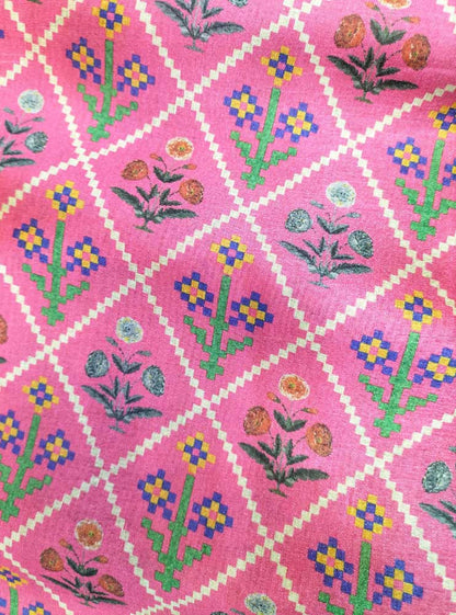 Pink Digital Printed Tussar Silk Patola Design Fabric ( 1 Mtr ) - Luxurion World