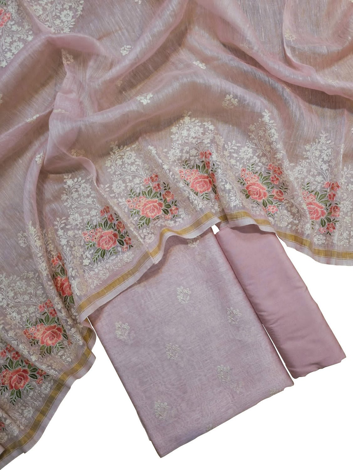 Pink Embroidered Banarasi Linen Silk Three Piece Unstitched Suit Set - Luxurion World