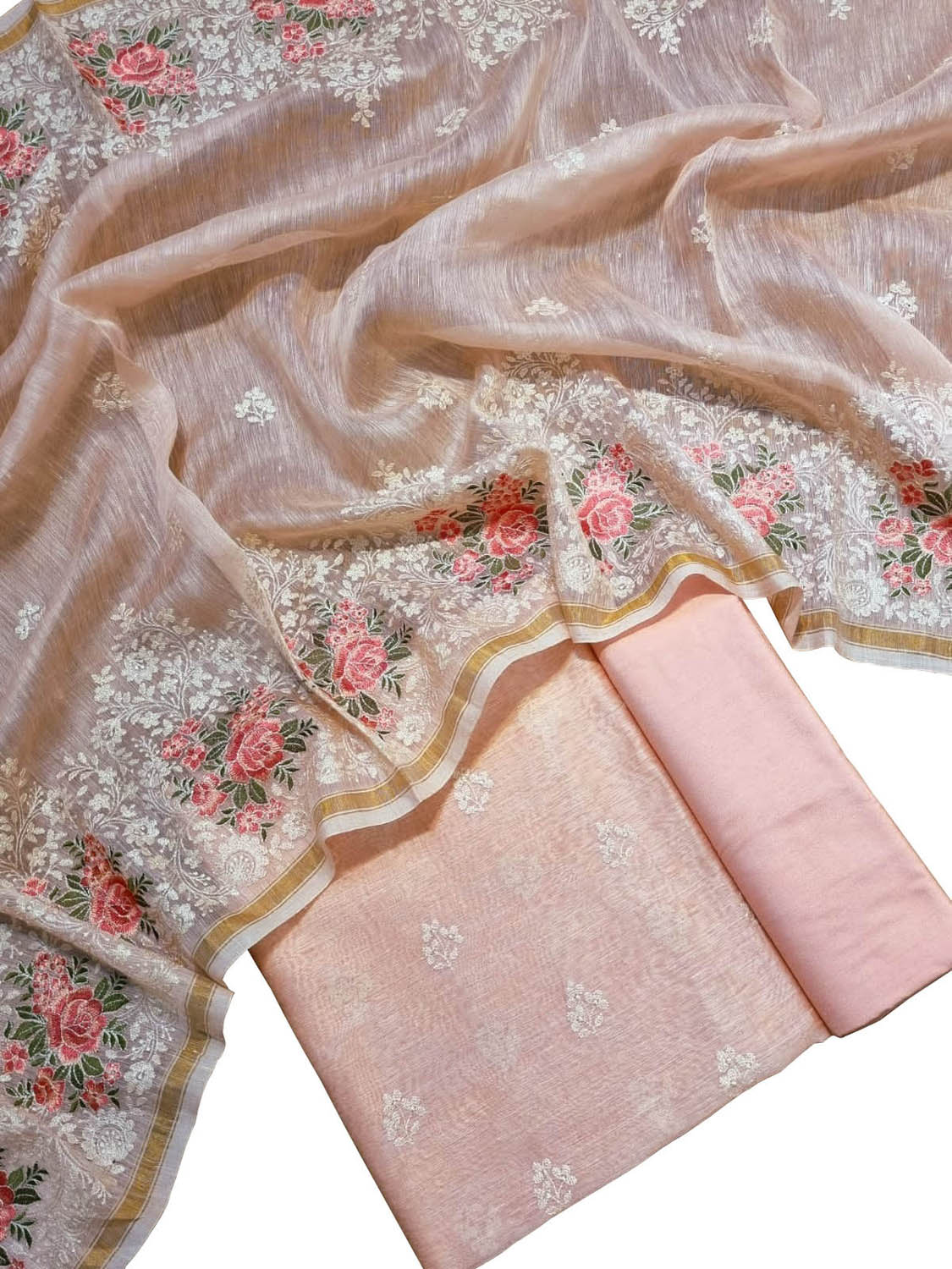 Pink Embroidered Banarasi Linen Silk Three Piece Unstitched Suit Set - Luxurion World