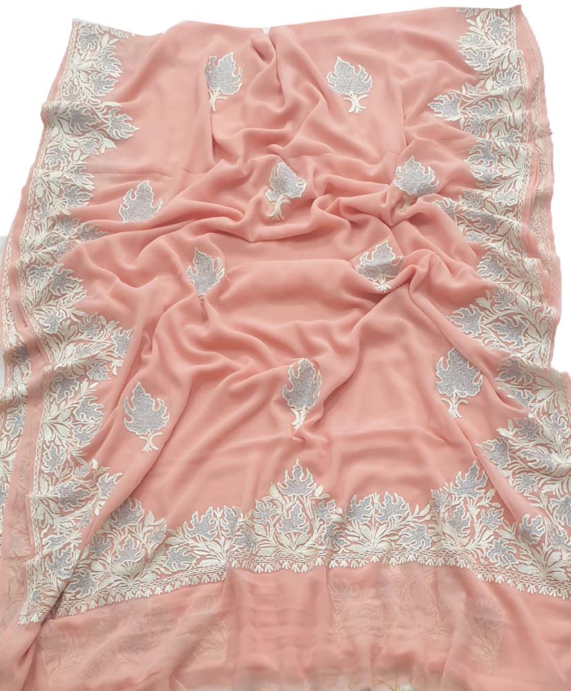Pink Embroidered Kashmiri Aari Work Georgette Saree - Luxurion World