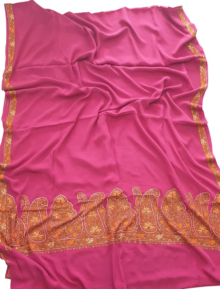 Pink Embroidered Kashmiri Sozni Work Crepe Flower Design Saree - Luxurion World