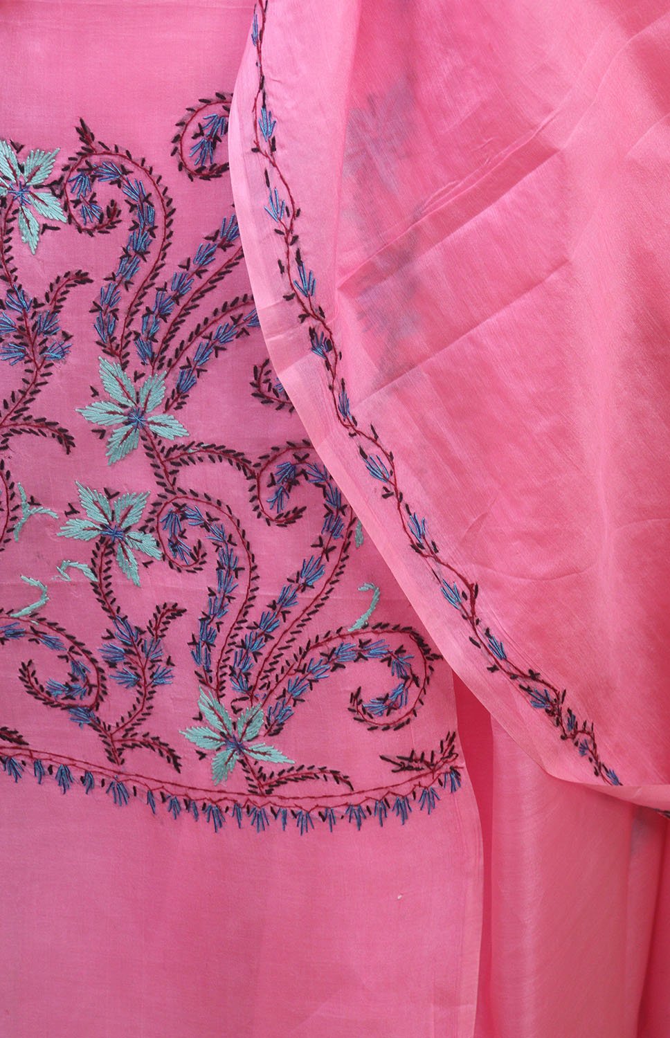 Pink Embroidered Kashmiri Sozni Work Pure Silk Saree - Luxurion World