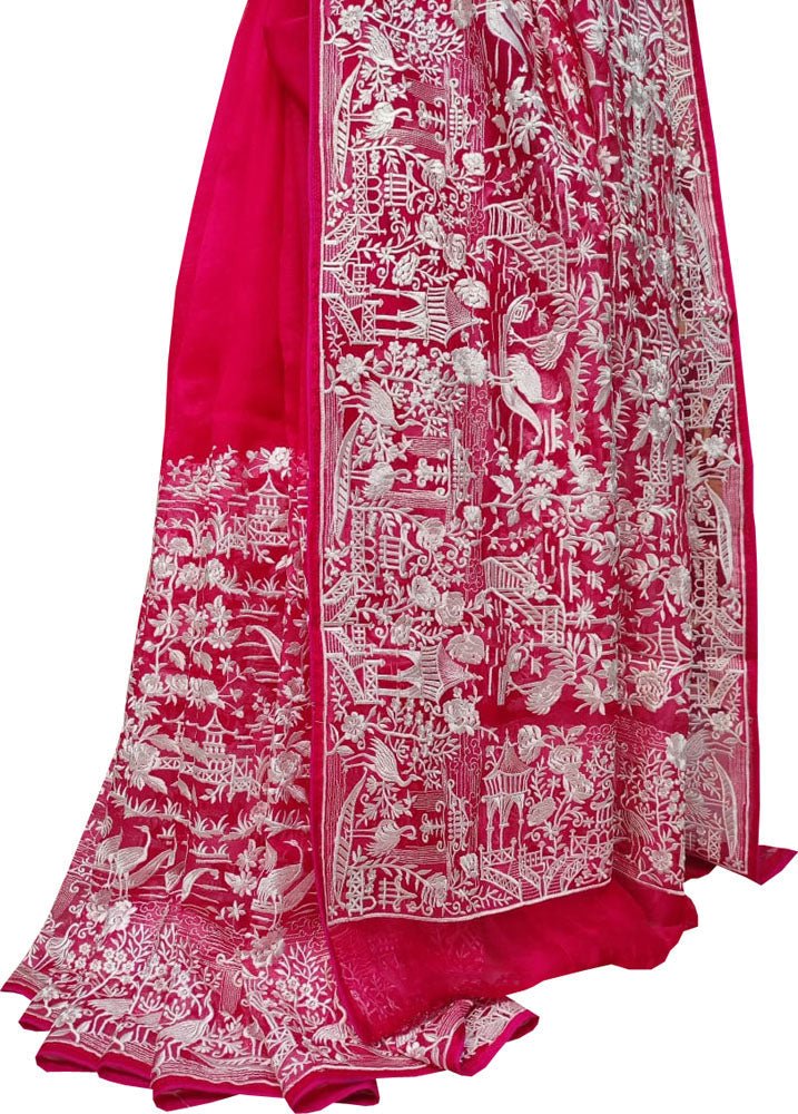 Pink Embroidered Parsi Gara Organza Figure Work Saree - Luxurion World