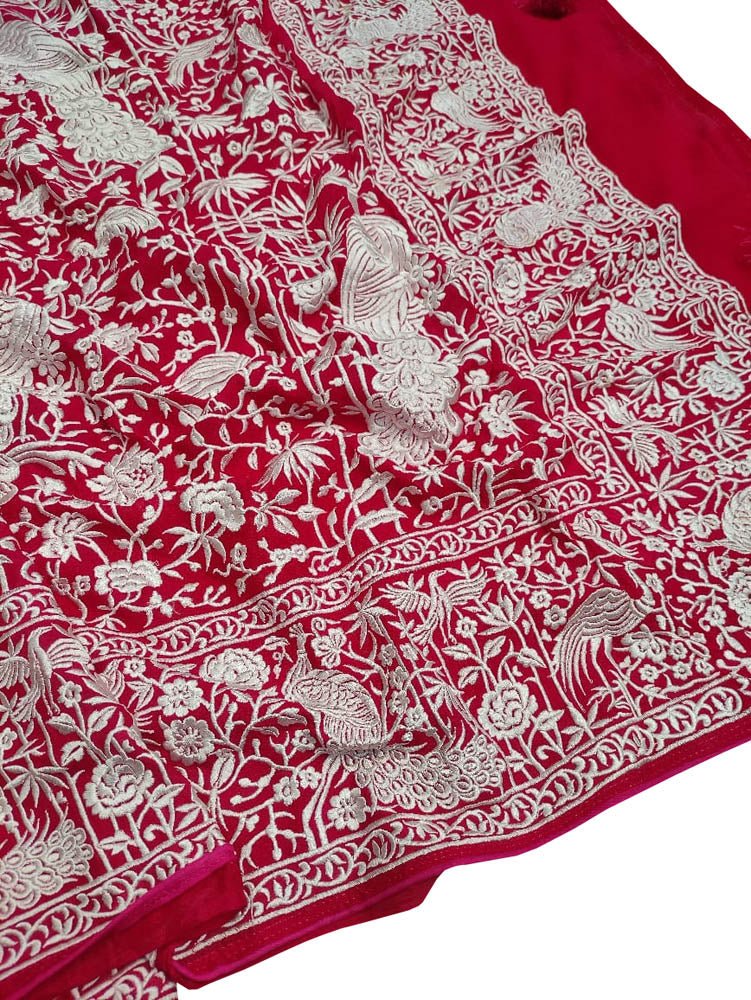 Pink Embroidered Parsi Gara Pure Georgette Floral And Bird Design Saree - Luxurion World