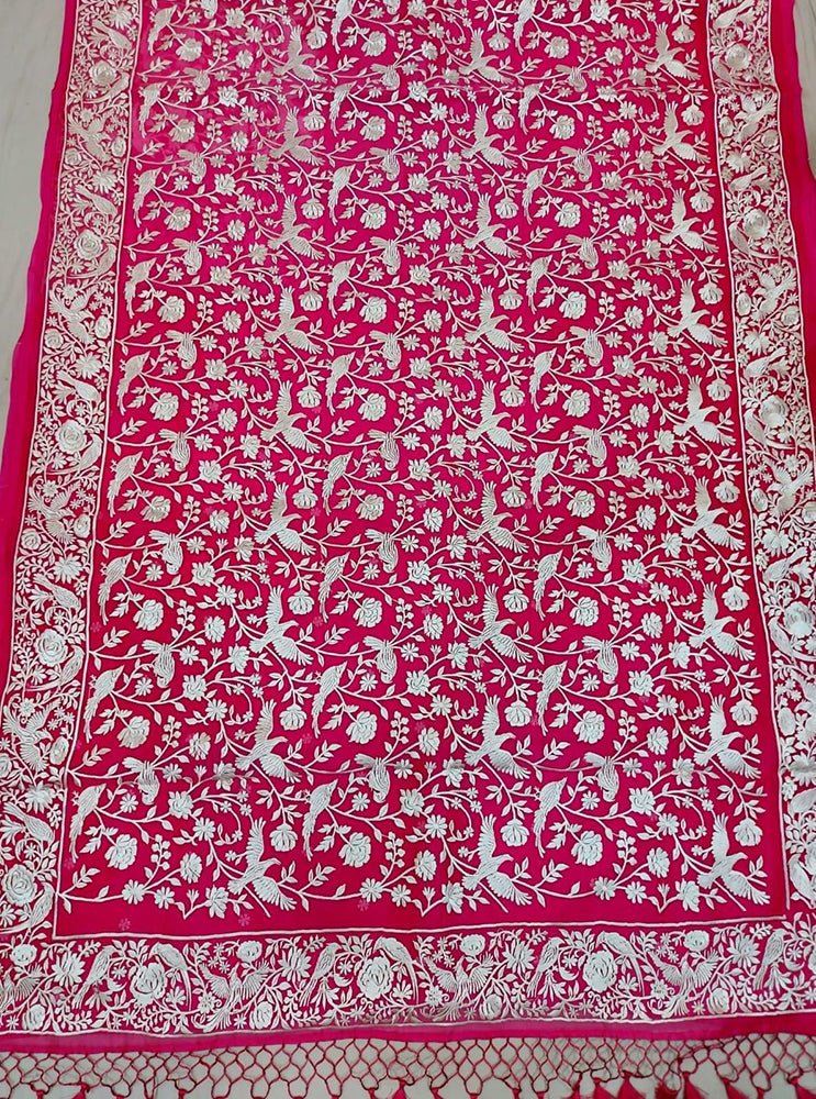 Pink Embroidered Parsi Gara Pure Organza Saree - Luxurion World