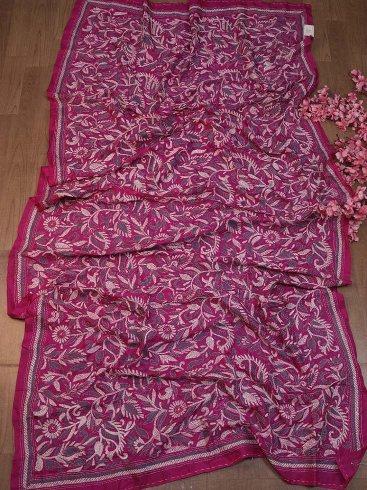 Pink Hand Embroidered Kantha Bangalore Silk Dupatta - Luxurion World