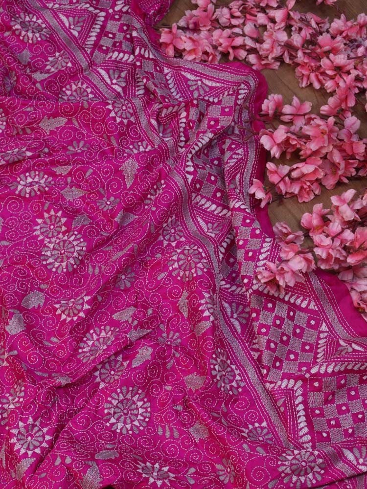 Pink Hand Embroidered Kantha Bangalore Silk Dupatta - Luxurion World