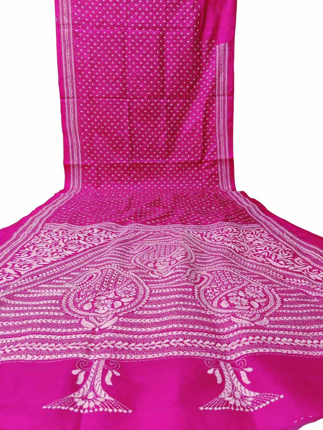 Pink Hand Embroidered Kantha Bangalore Silk Saree - Luxurion World