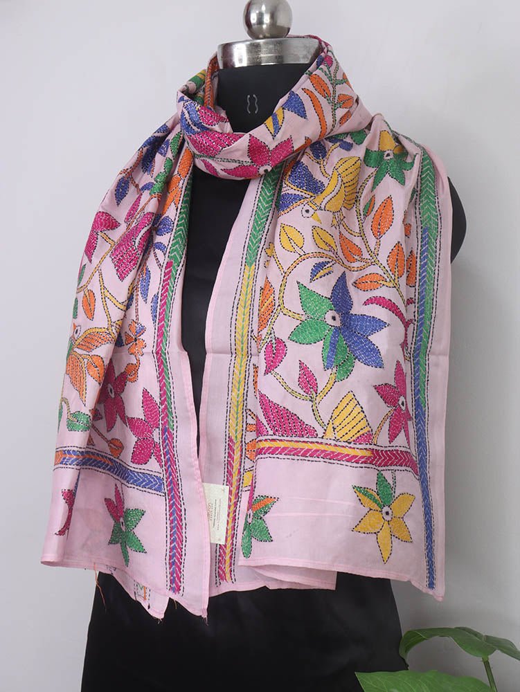 Pink Hand Embroidered Kantha Pure Bangalore Silk Stole - Luxurion World