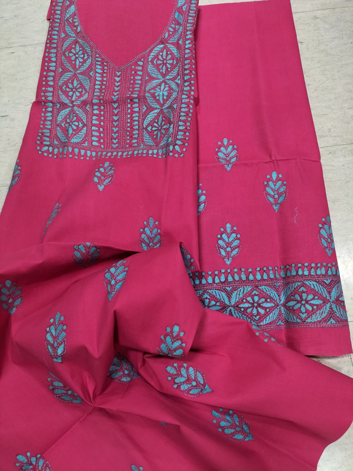 Pink Hand Embroidered Kantha Pure Cotton Three Piece Unstitched Suit Set - Luxurion World