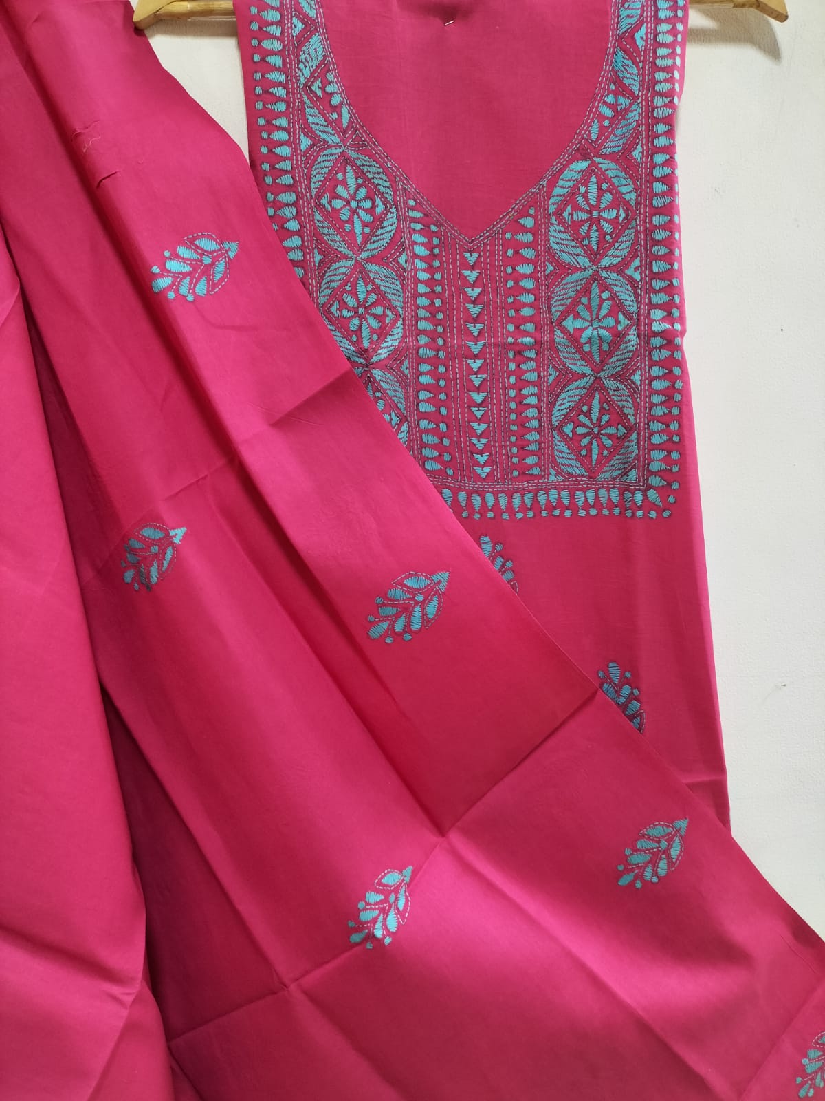 Pink Hand Embroidered Kantha Pure Cotton Three Piece Unstitched Suit Set - Luxurion World
