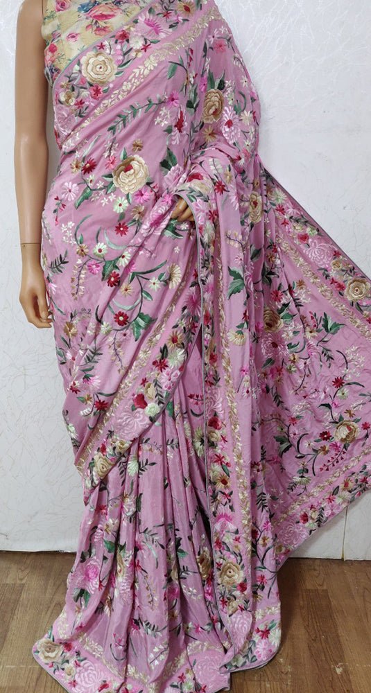 Pink Hand Embroidered Parsi Gara Crepe Floral Design Saree - Luxurion World