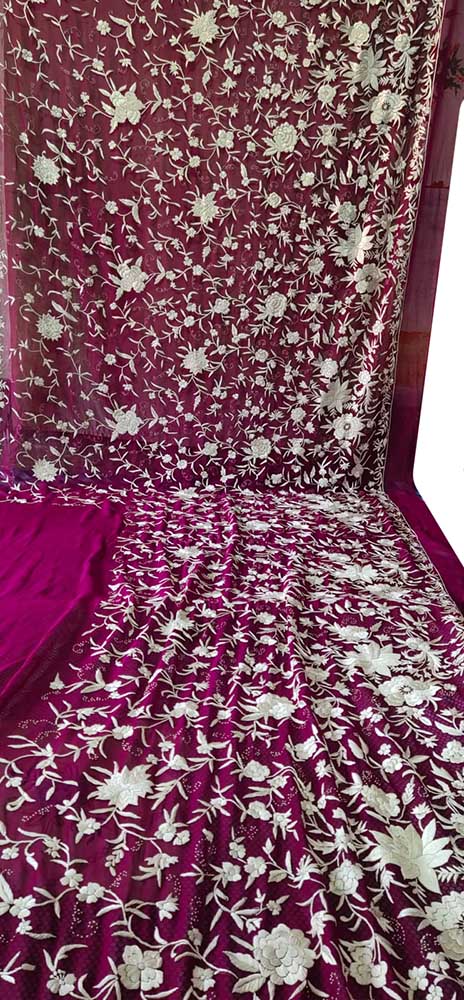 Pink Hand Embroidered Parsi Gara Pure Georgette Floral Design Saree - Luxurion World