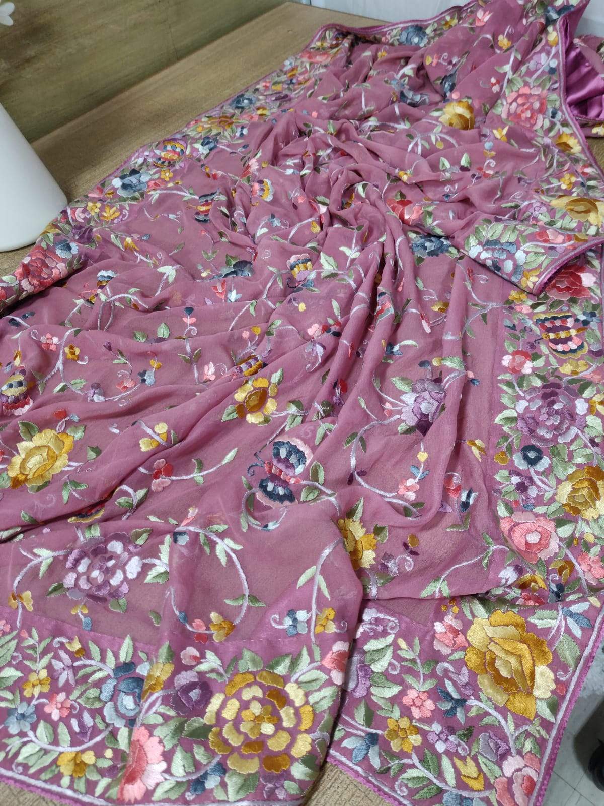 Pink Hand Embroidered Parsi Work Pure Georgette Unstitched Suit - Luxurion World